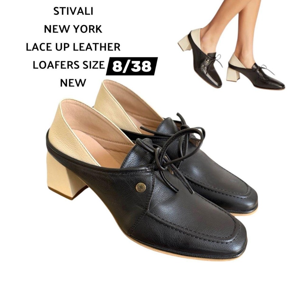 Retro Stivali New York Focus Black Cream Leather Heeled Loafers sz. 8/38 NWOB